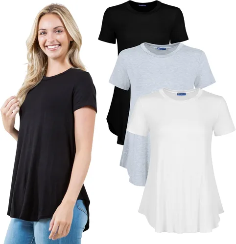 Miniatura 14 de Azules Blusa larga de manga corta para mujer, con cuello redondo y dobladillo curvado, suave y elástica