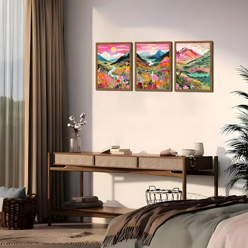 Miniatura 8 de Juego de 3 piezas de arte de pared de montaña colorida boho, pinturas abstractas de paisaje de flores de acuarela, pósters modernos de naturaleza