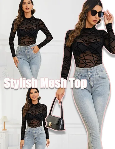 Miniatura 2 de GAMISS Camisetas de malla para mujer, manga larga, cuello alto, ajustadas, color liso y floral, tallas S-XXL