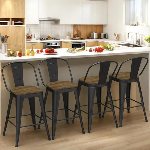 Miniatura 9 de Juego de 4 taburetes de bar de metal, taburetes de bar con respaldo alto con asiento de madera, taburetes de bar negros de 24 pulgadas para isla