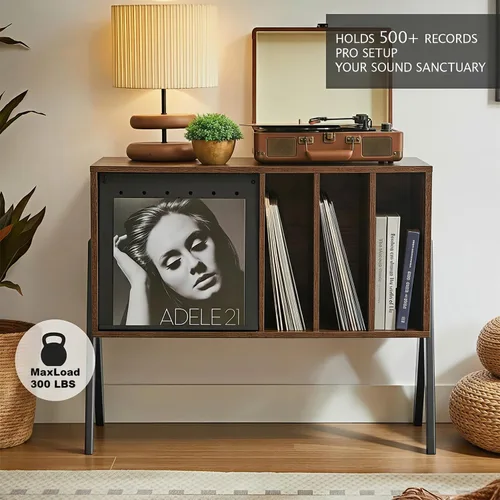 Miniatura 6 de Soporte para tocadiscos con almacenamiento de vinilo y pantalla abatible, soporte giratorio moderno de mediados de siglo, gabinete de almacenamiento