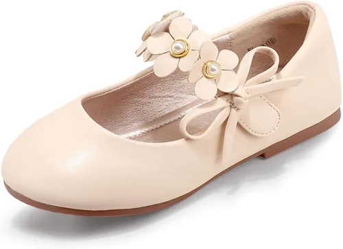 PANDANINJIA Zapatos de vestir para niñas pequeñas, zapatos planos de flores con perlas, lazo Mary Jane, zapatos de flora para fiesta de boda