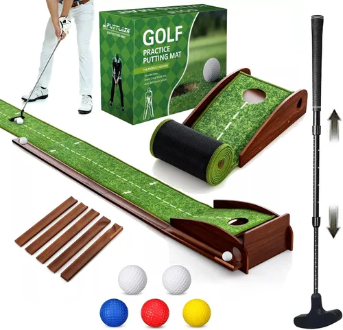Miniatura 8 de Alfombrilla de golf para interiores con putter y 5 bolas, juego de devolución automática de bolas, terciopelo mate para el hogar, oficina, patio