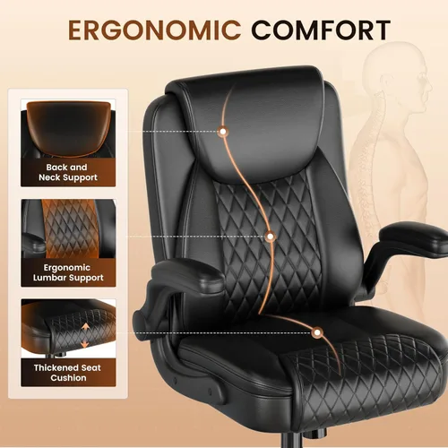 Miniatura 4 de GTPLAYER Silla de oficina de cuero, silla de escritorio para el hogar con brazos abatibles y respaldo ergonómico, cómoda silla ejecutiva resistente