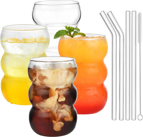 ALINK Juego de 4 vasos de vidrio grandes de 16 oz con nervaduras, juego de vasos de vidrio vintage de cristal para café helado, vasos de vidrio para