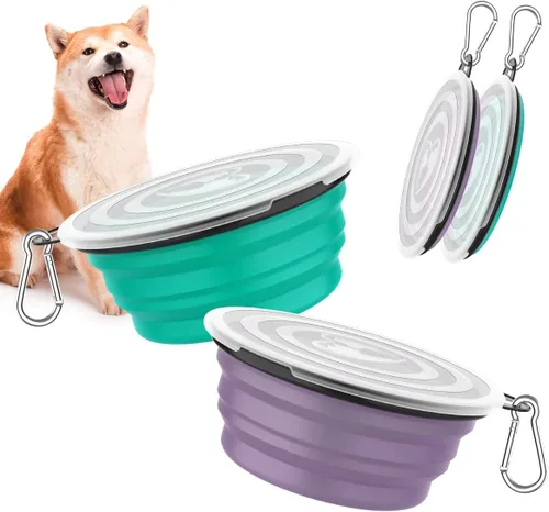 Miniatura 12 de Pawaboo Cuencos plegables 2 en 1 para perros, cuencos dobles para comida y agua, cuenco de silicona portátil de 180° con gancho de metal, comedero