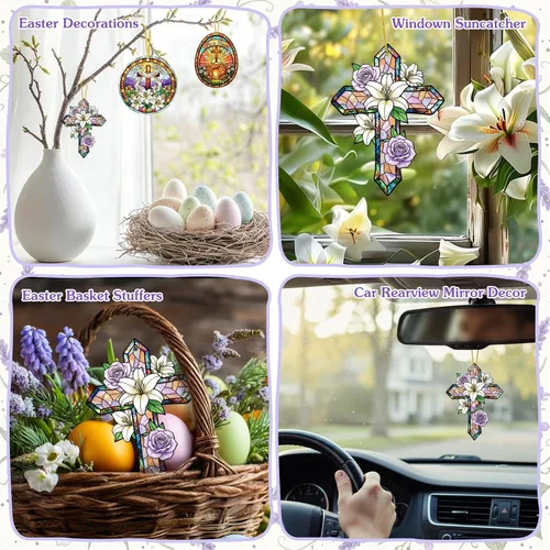 Miniatura 2 de WaaHome Adorno de cruz de Pascua para decoración de árbol, flor morada, decoración de Pascua, regalos religiosos para mujeres, hombres, niños