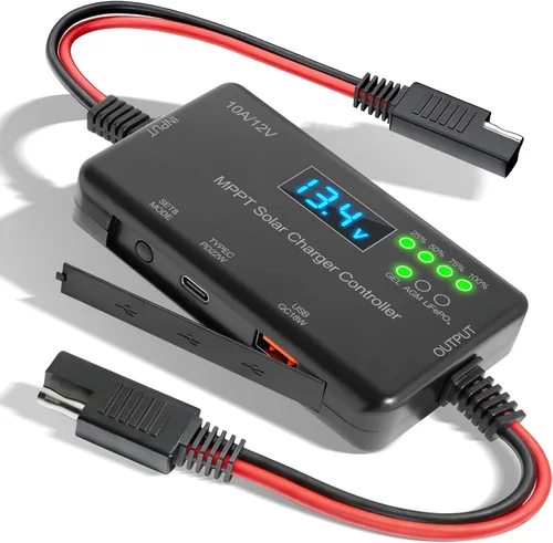 Controlador de carga solar MPPT de 10 A, 12 V, 30 V máximo COV | 22 W tipo C y 18 W USB de carga rápida | LCD, protección múltiple | Controlador de