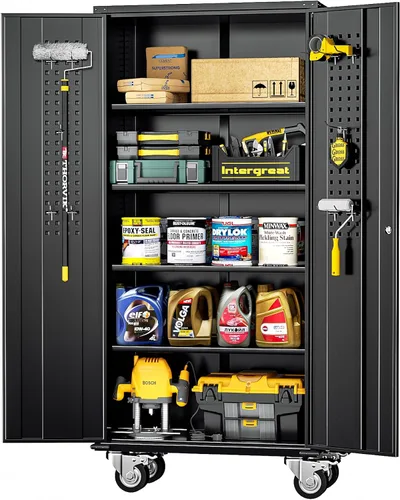 Miniatura 24 de INTERGREAT Armario de almacenamiento de metal con cerradura, gabinete de almacenamiento de metal con cerradura de 72 pulgadas de alto con puertas