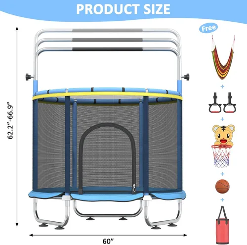 Miniatura 7 de Trampolín infantil de 60 pulgadas para niños de 2 a 4 años, mini trampolín de 5 pies para interiores con pelota de baloncesto, barra de gimnasia