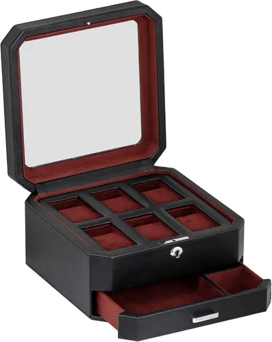 Miniatura 9 de ROTHWELL Caja de reloj de cuero con 6 ranuras y cajón de valet, organizador de exhibición de lujo para relojes, forro de microgamuza, soporte