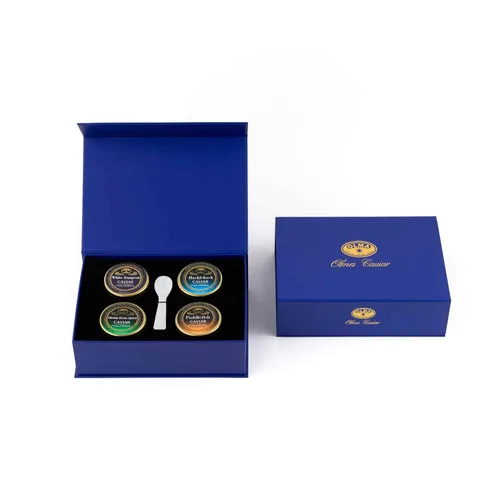 OLMA Caja de regalo clásica de caviar negro de caviar – Incluye 2 onzas de Osetra Aurora siberiana, esturión blanco, pez palo, huevas de pescado de