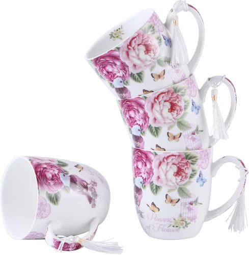 Miniatura 9 de London Boutique Juego de tazas de café de té, 4 porcelana, pájaro, rosa, mariposa, diseño Shabby Chic en caja de regalo, 11 oz