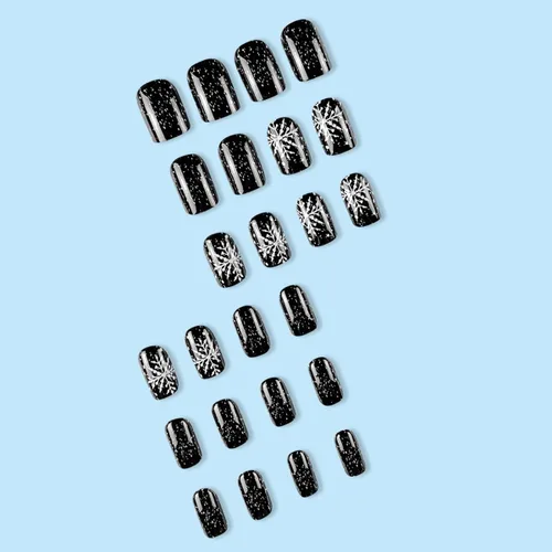 Miniatura 3 de Uñas postizas a presión con copos de nieve, uñas postizas cuadradas cortas de Navidad, uñas acrílicas negras con purpurina, kit de uñas postizas