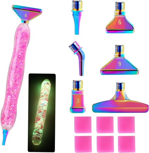 Snewvie Set de Herramientas y Accesorios para Lápiz de Pintura de Diamantes, 1 Bolígrafo Luminoso de Arte de Diamantes y 6 Puntas Multi Placer de