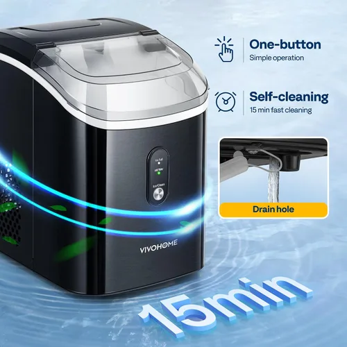 Miniatura 5 de VIVOHOME - Máquina de hielo de sobremesa 33 libras/día, máquina de hacer cubitos de hielo masticable tipo pepita con 10 bolsas de hielo