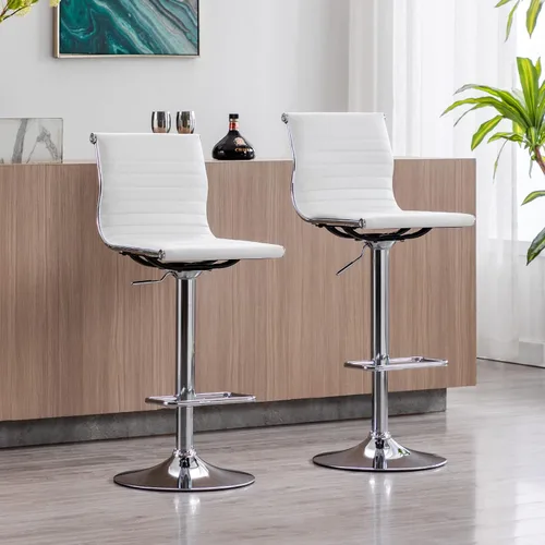 Miniatura 3 de LZAREAL Juego de 2 taburetes de bar de metal con altura ajustable, diseño moderno de piel sintética blanca sin brazos con base cromada para isla