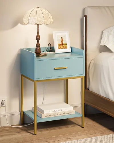 Miniatura 12 de Mesita de noche, mesita de noche moderna de 3 niveles, mesita de noche con cajón de almacenamiento y estante, mesa auxiliar pequeña para dormitorio