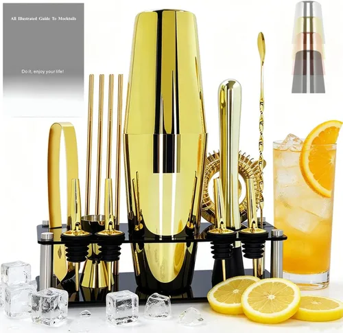 Juego profesional de coctelera con soporte y recetas de cócteles, kit de 15 piezas de 750/600ml para barman, juego de utensilios de bar, juego de Oro