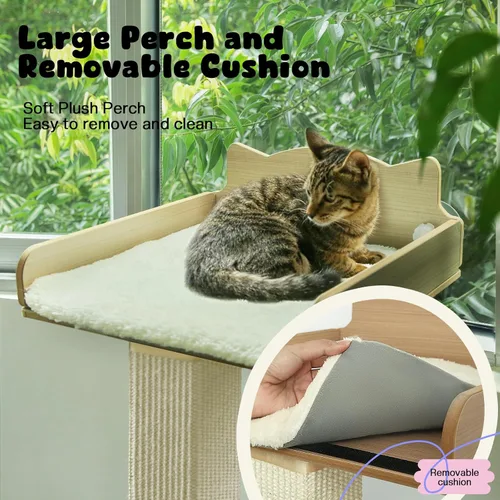 Miniatura 5 de Percha para ventana de gato con poste rascador de sisal grueso, hamaca para gatos para ventana, poste rascador alto ajustable de 53.5" para gatos