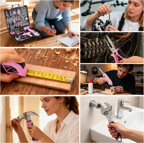 Miniatura 4 de GRENPRO Juego de herramientas rosa, juego de taladro, 188 piezas de kit de herramientas para el hogar con taladro inalámbrico rosa, kit