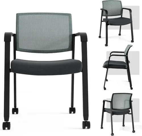 Miniatura 8 de Giantex Juego de 2 sillas de sala de espera, sillas de escritorio de oficina con ruedas de poliuretano, reposabrazos, silla apilable para oficina
