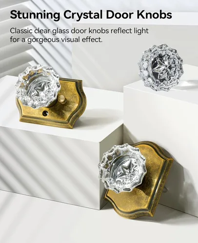 Miniatura 5 de Pomos de puerta de cristal para interiores, pomos de puerta de cristal de latón envejecido con cerradura para uso de privacidad, pomos de puerta