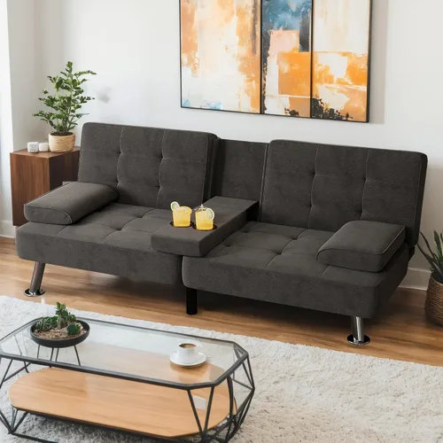 Miniatura 10 de Shahoo - Sofá moderno tapizado, futón convertible plegable con reposabrazos removibles, patas de metal, 2 portavasos para sala de estar, beige