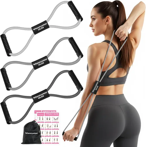 Bandas de resistencia, figura 8 bandas de ejercicio de fitness con asas, 8 bandas de resistencia en forma de 3 para estiramiento de brazos y