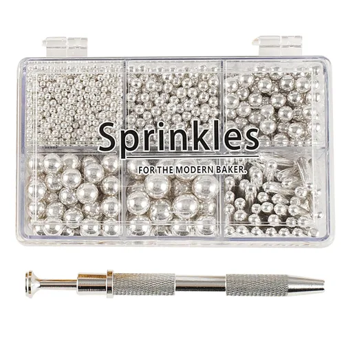 Miniatura 10 de Kasvan Gránulos de azúcar dorados y plateados, perlas de caramelo comestibles con bolígrafo espolvoreador de 4 garras, 8.32 onzas, paquete de caja