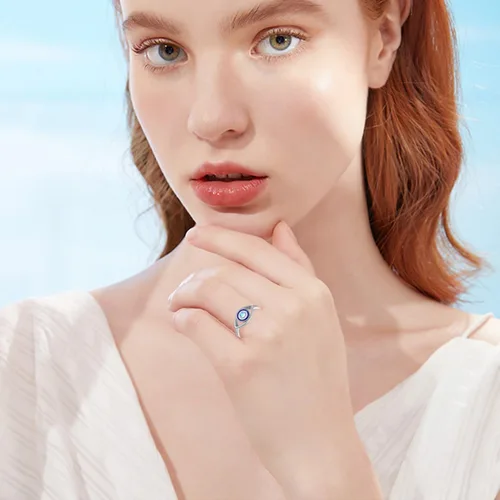 Miniatura 2 de Anillo de ojo turco de plata de ley 925 con piedra lunar y ojo malvado, joyería de protección para mujeres