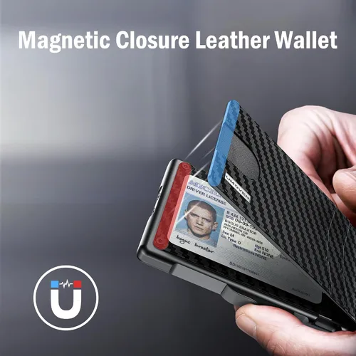 Miniatura 5 de umoven Cartera para hombre con clip para dinero, ranuras de cuero delgadas con bloqueo RFID, billetera minimalista plegable, Fibra de carbono