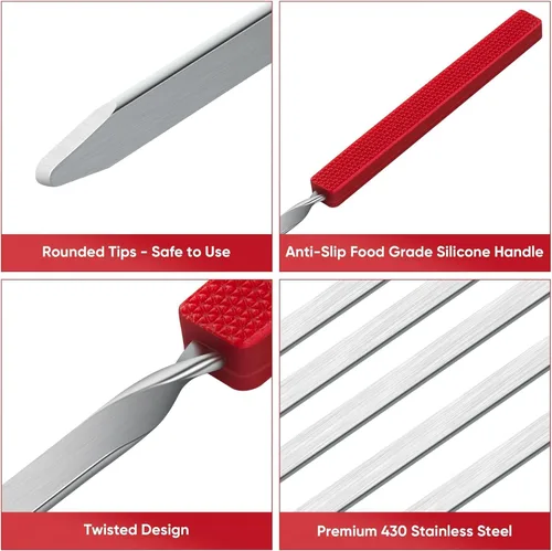 Miniatura 4 de Brochetas de parrilla con mango de silicona, brochetas de kebab de 16 pulgadas de largo, paquete de 10 pinchos planos reutilizables de acero