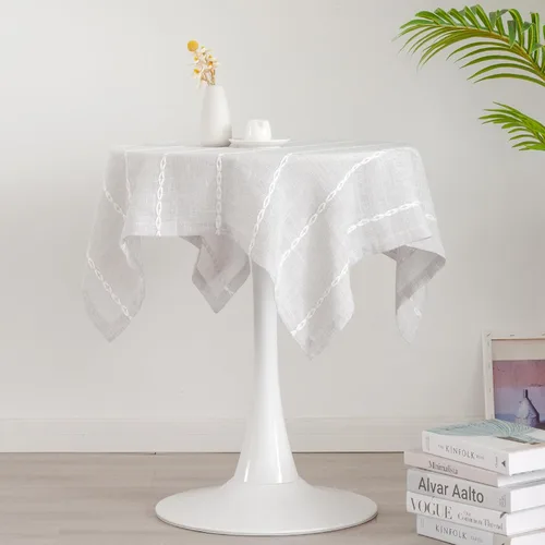 Miniatura 12 de Mantel redondo rústico pequeño lavable a rayas jacquard de lino resistente estilo granja con borlas para cocina, comedor, fiesta, decoración de Café