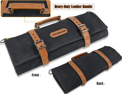 Miniatura 6 de WELKINLAND Bolsa enrollable de cuchillos con 14 bolsillos, Bolsa enrollable de cuero de lona encerada, Porta cuchillos, Bolsa enrollable