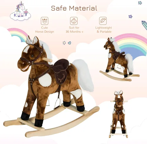 Miniatura 3 de Qaba Kids - Silla de montar con peluche de caballo mecedora de metal con música de canciones infantiles - Marrón oscuro