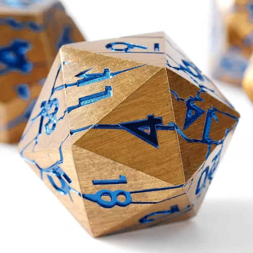 Miniatura 8 de Dados de metal para DND – Ruinas de faraón oro oscuro con grietas moradas – Juego de dados poliédricos para D&D, RPG y más – Bellamente detallados
