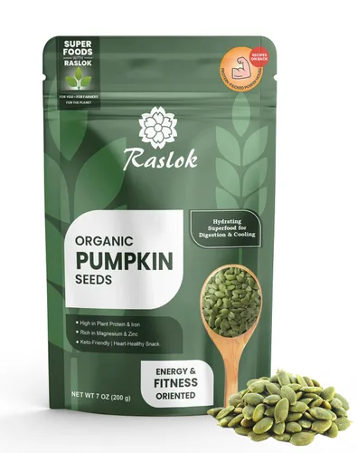 Raslok Semillas de calabaza de 7 onzas (7.05 oz) | Bocadillo de superalimento alto en proteínas | Rico en magnesio, zinc y hierro | Crudo, sin