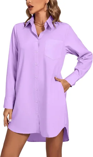 Miniatura 7 de LYANER Vestido camisero para mujer con cuello en V, botones, manga larga y dobladillo curvado