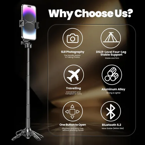 Miniatura 2 de Palo selfie multifuncional 4 en 1 y trípode para iPhone/Android, rotación de 360 grados, con control remoto, portátil para creadores de contenido