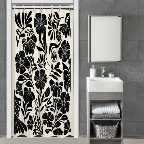 Miniatura 2 de Black Floral Shower Curtain Stall Small Half Single Mini Boho Flower Farmhouse Vintage Gothic Abstarct Retro Funky Botanical Moody Fabric Cloth
