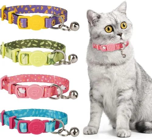 Miniatura 5 de azuza Paquete de 4 Collares para Gatos y Gatitos de Liberación Rápida con Campana, Hebilla Segura Ajustable 2#Fruta