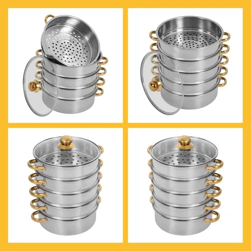 Miniatura 5 de Vaporizador de 11.8 x 18.5 in/11.81 x 18.5 pulgadas, olla de vapor de acero inoxidable de 5 niveles con tapa transparente y asas doradas