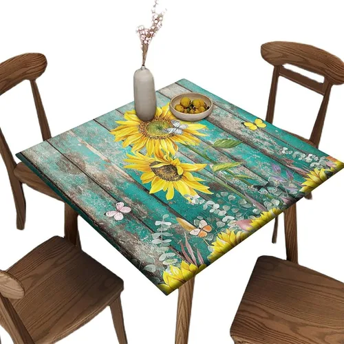 Miniatura 6 de Mantel ajustable con diseño de girasol redondo, borde elástico amarillo, mantel de poliéster para interiores y exteriores, fiesta, cena, patio