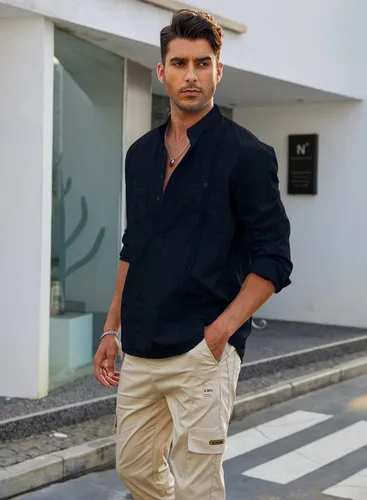 Miniatura 4 de Uiriuy Camisas Guayabera de lino con botones y manga larga para hombre