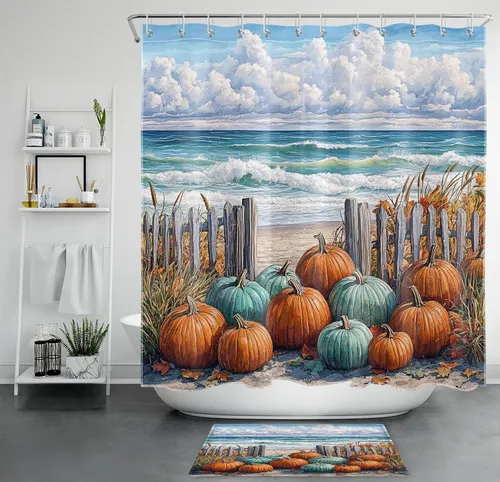 Miniatura 8 de LB Cortina de ducha espeluznante de Halloween, lindo fantasma en flores, árbol negro, luna llena, cortinas de ducha para baño, tela de poliéster