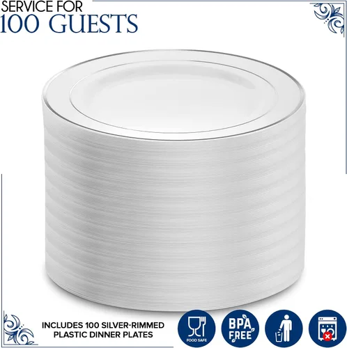 Miniatura 2 de Platos llanos de plástico blanco y plateado de 10.25 pulgadas (paquete de 100) – Juego desechable elegante y resistente para 100 invitados – Boda