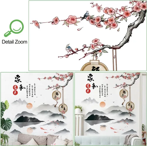 Miniatura 4 de Calcomanías de pared extraíbles de estilo chino 3D paisaje, montaña, agua, personajes chinos, familia y paz con ramas de árbol de ciruela, flores