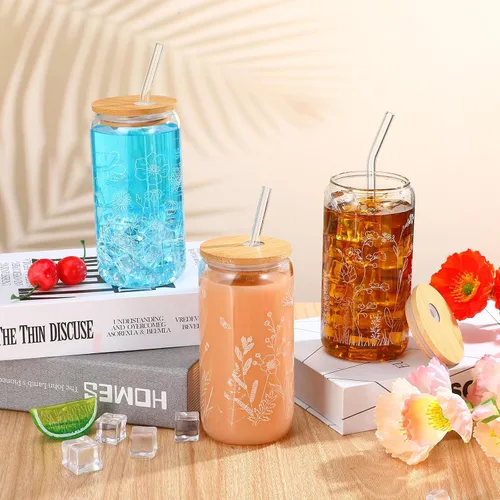 Miniatura 4 de Bokon 3 tazas de vidrio para regalo de dama de honor de 16 onzas, tazas de café helado floral con tapas de bambú y cepillo para pajitas, lindos