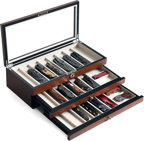 Miniatura 10 de Estuche de exhibición de cuchillos de dos niveles, caja de almacenamiento para cuchillos de bolsillo de 15 a 17 cuchillos de bolsillo, estuche Chapa